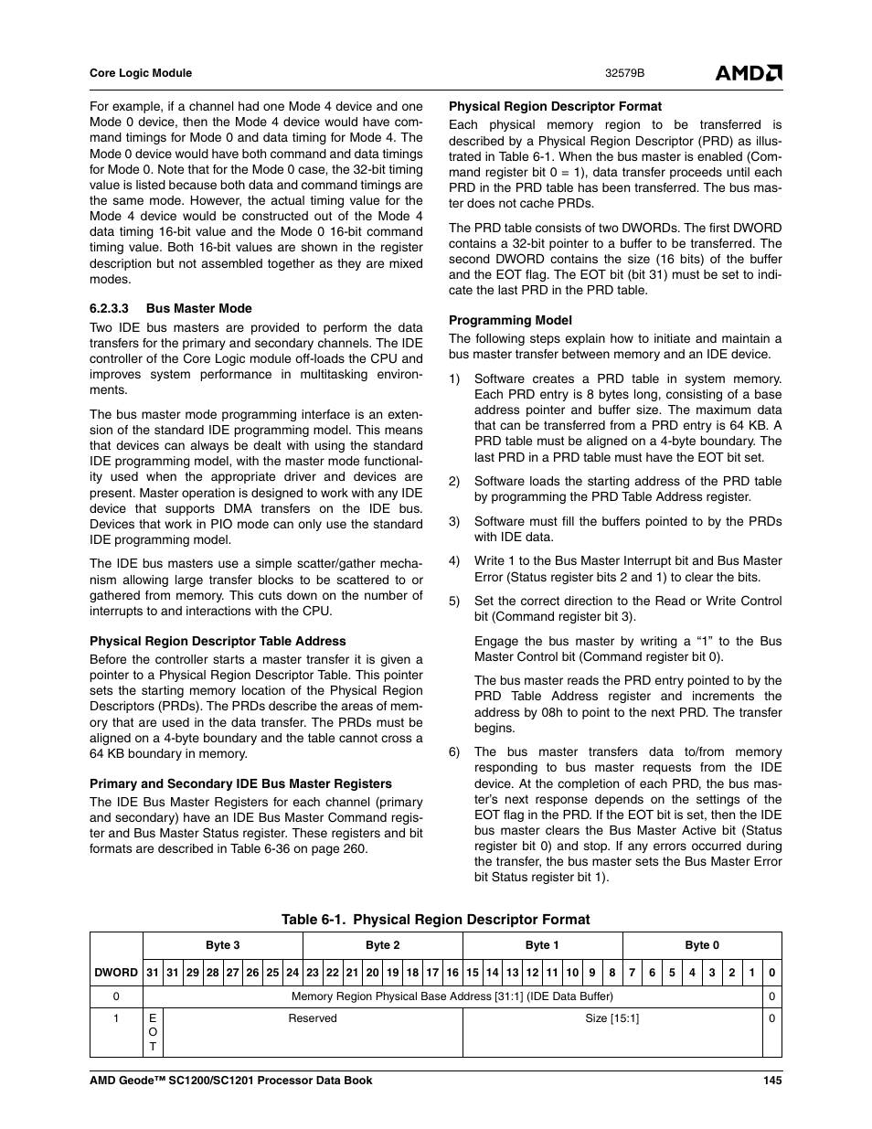 3 bus master mode, Table 6-1, Physical region descriptor format | AMD Geode SC1201 User Manual | Page 145 / 443