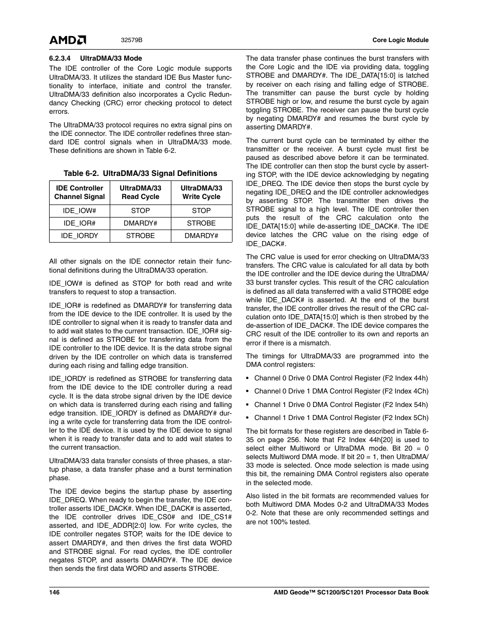 4 ultradma/33 mode, Table 6-2, Ultradma/33 signal definitions | AMD Geode SC1201 User Manual | Page 146 / 443