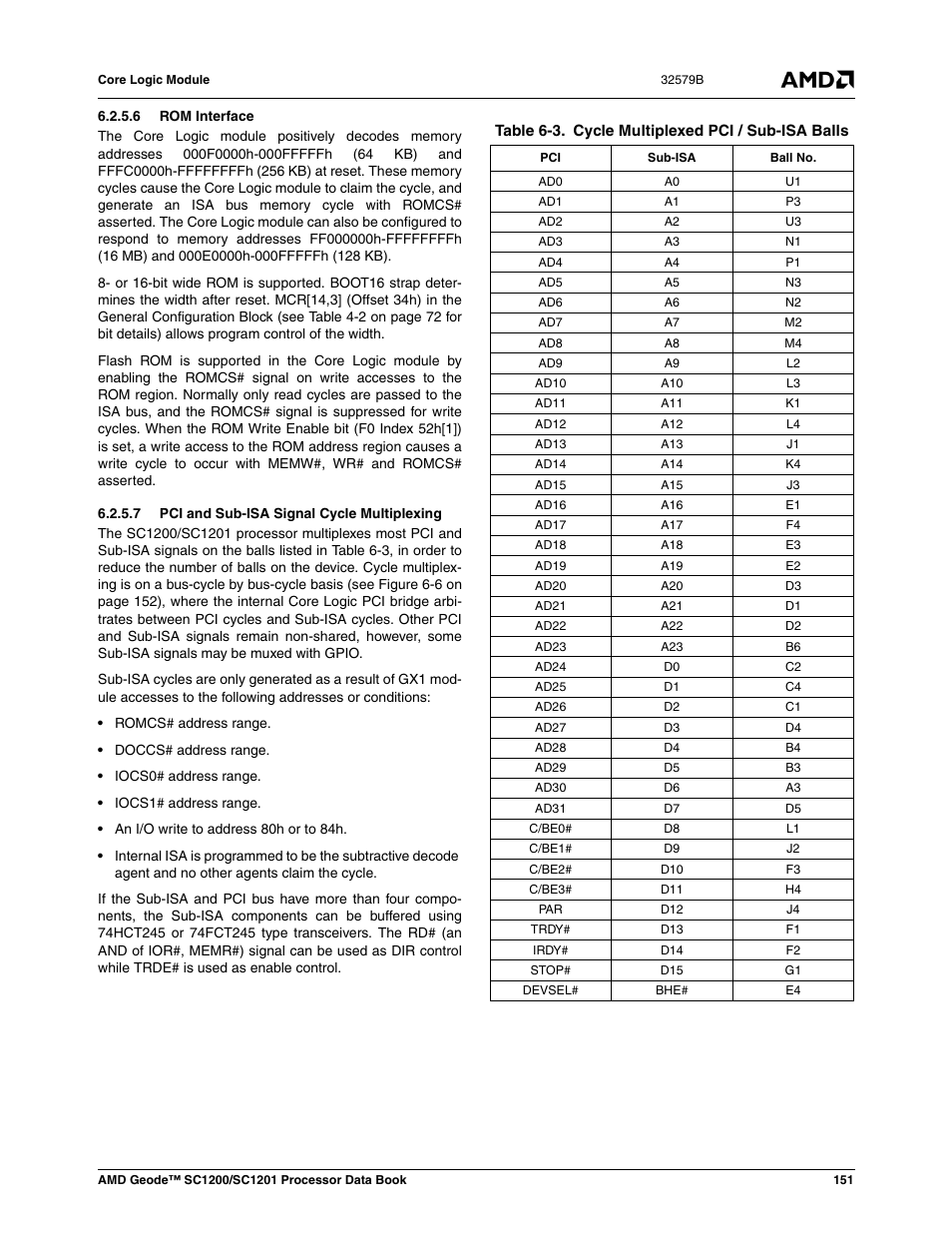 6 rom interface, 7 pci and sub-isa signal cycle multiplexing, Table 6-3 | Cycle multiplexed pci / sub-isa balls | AMD Geode SC1201 User Manual | Page 151 / 443