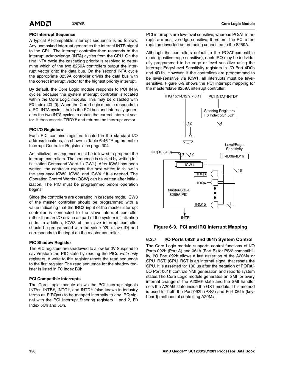 7 i/o ports 092h and 061h system control, Figure 6-9, Pci and irq interrupt mapping | AMD Geode SC1201 User Manual | Page 156 / 443