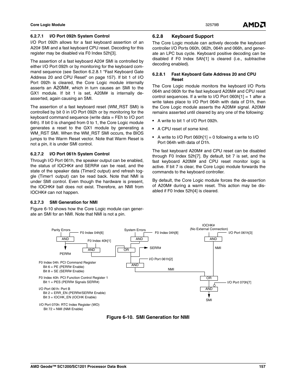 1 i/o port 092h system control, 2 i/o port 061h system control, 3 smi generation for nmi | 8 keyboard support, 1 fast keyboard gate address 20 and cpu reset, Figure 6-10, Smi generation for nmi | AMD Geode SC1201 User Manual | Page 157 / 443