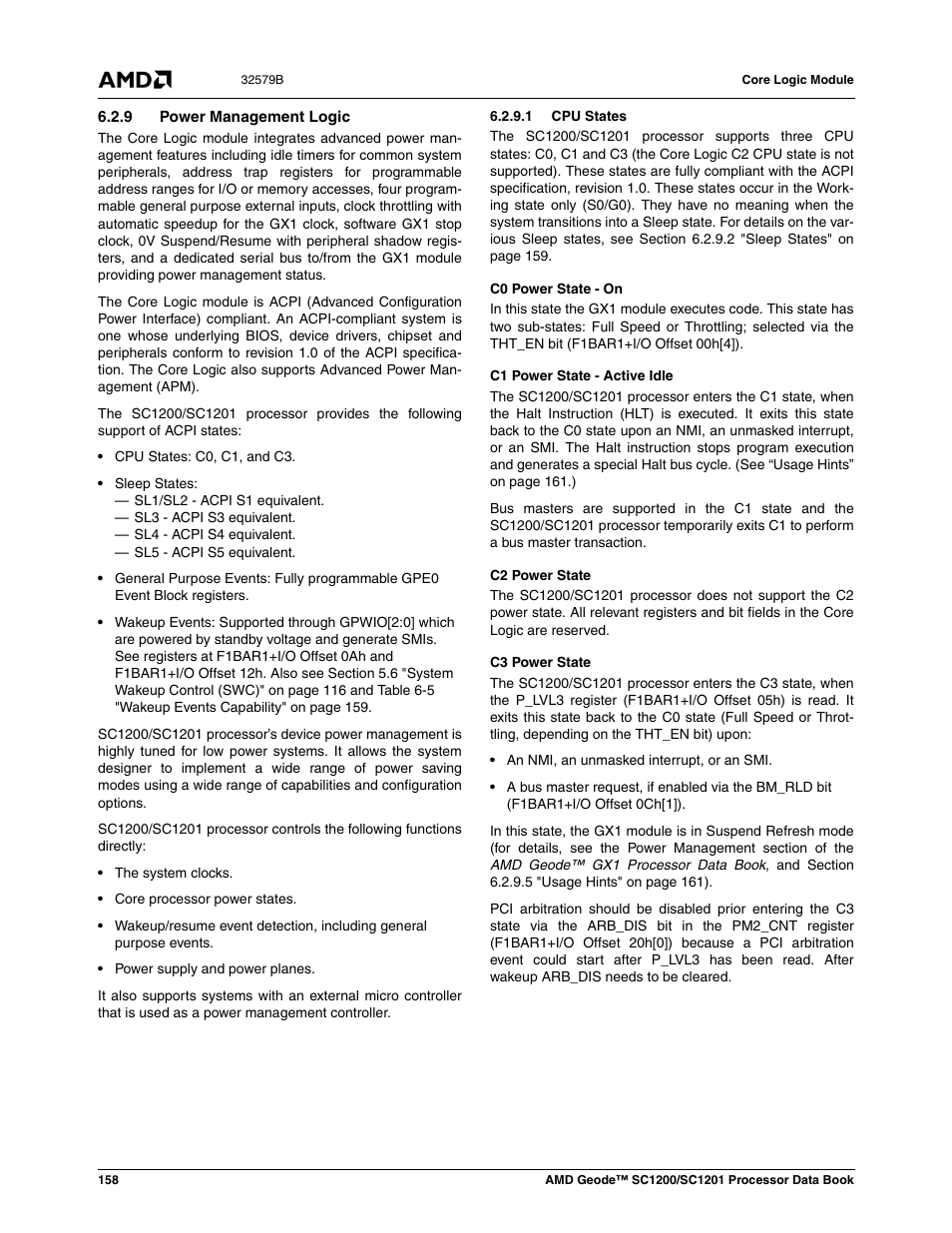 9 power management logic, 1 cpu states | AMD Geode SC1201 User Manual | Page 158 / 443