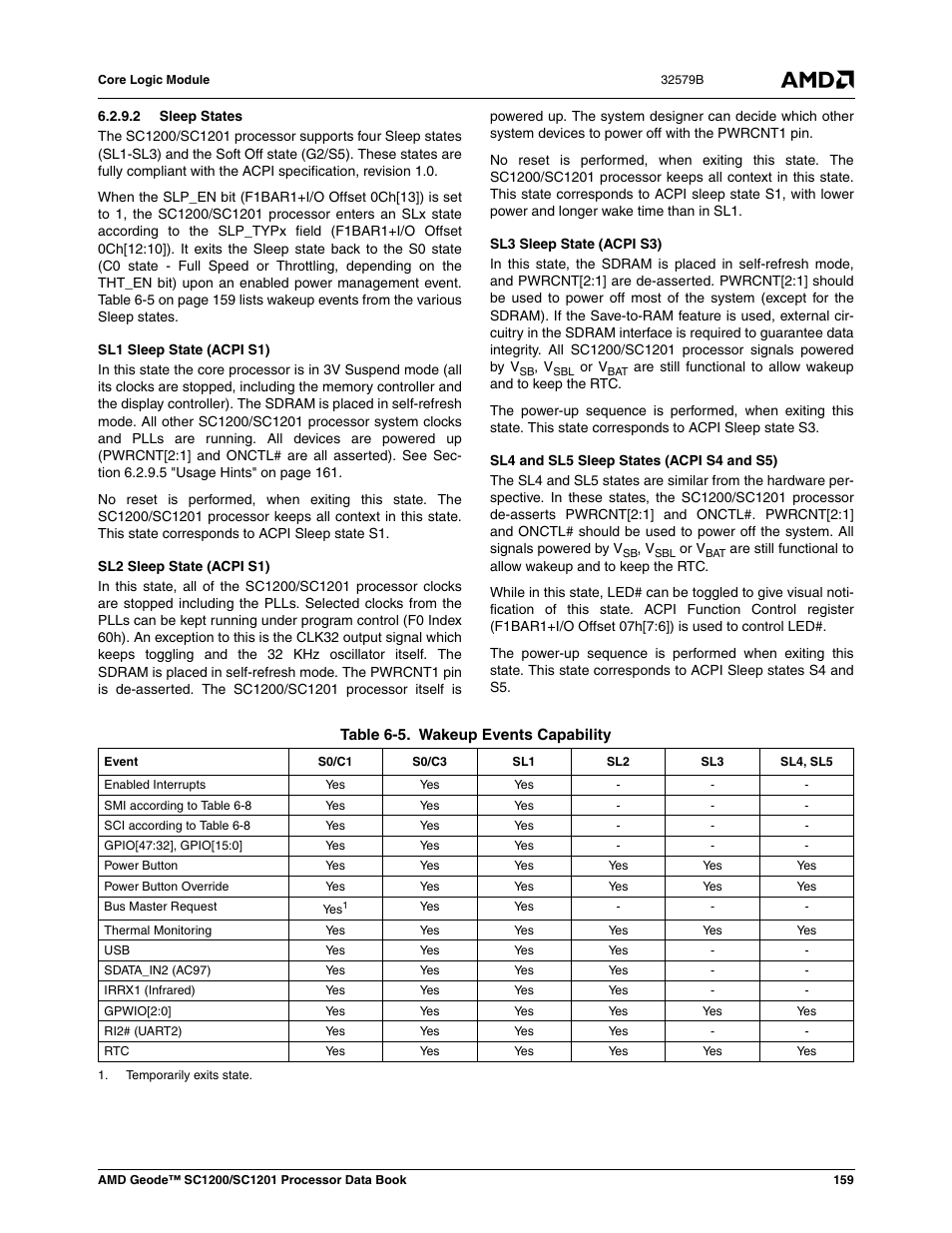 2 sleep states, Table 6-5, Wakeup events capability | AMD Geode SC1201 User Manual | Page 159 / 443