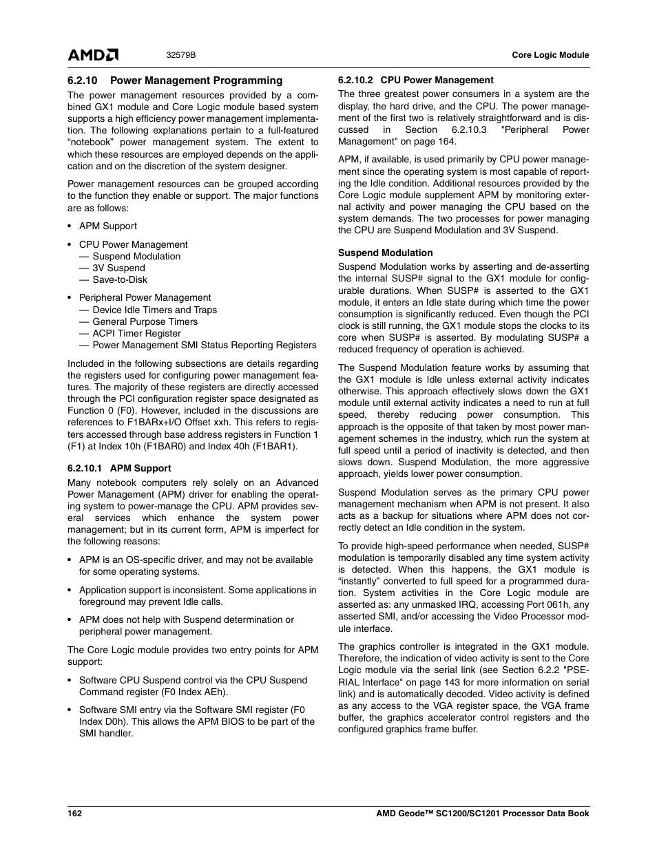 10 power management programming, 1 apm support, 2 cpu power management | AMD Geode SC1201 User Manual | Page 162 / 443