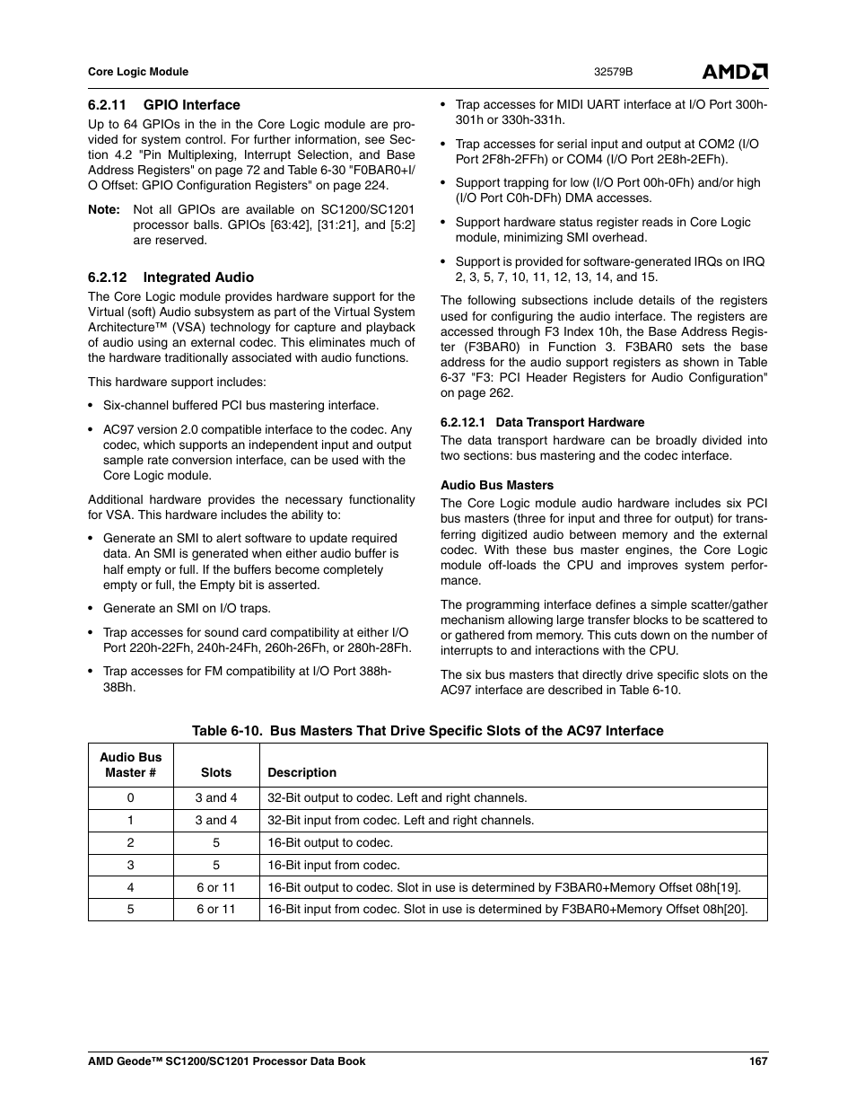 11 gpio interface, 12 integrated audio, 1 data transport hardware | Table 6-10 | AMD Geode SC1201 User Manual | Page 167 / 443