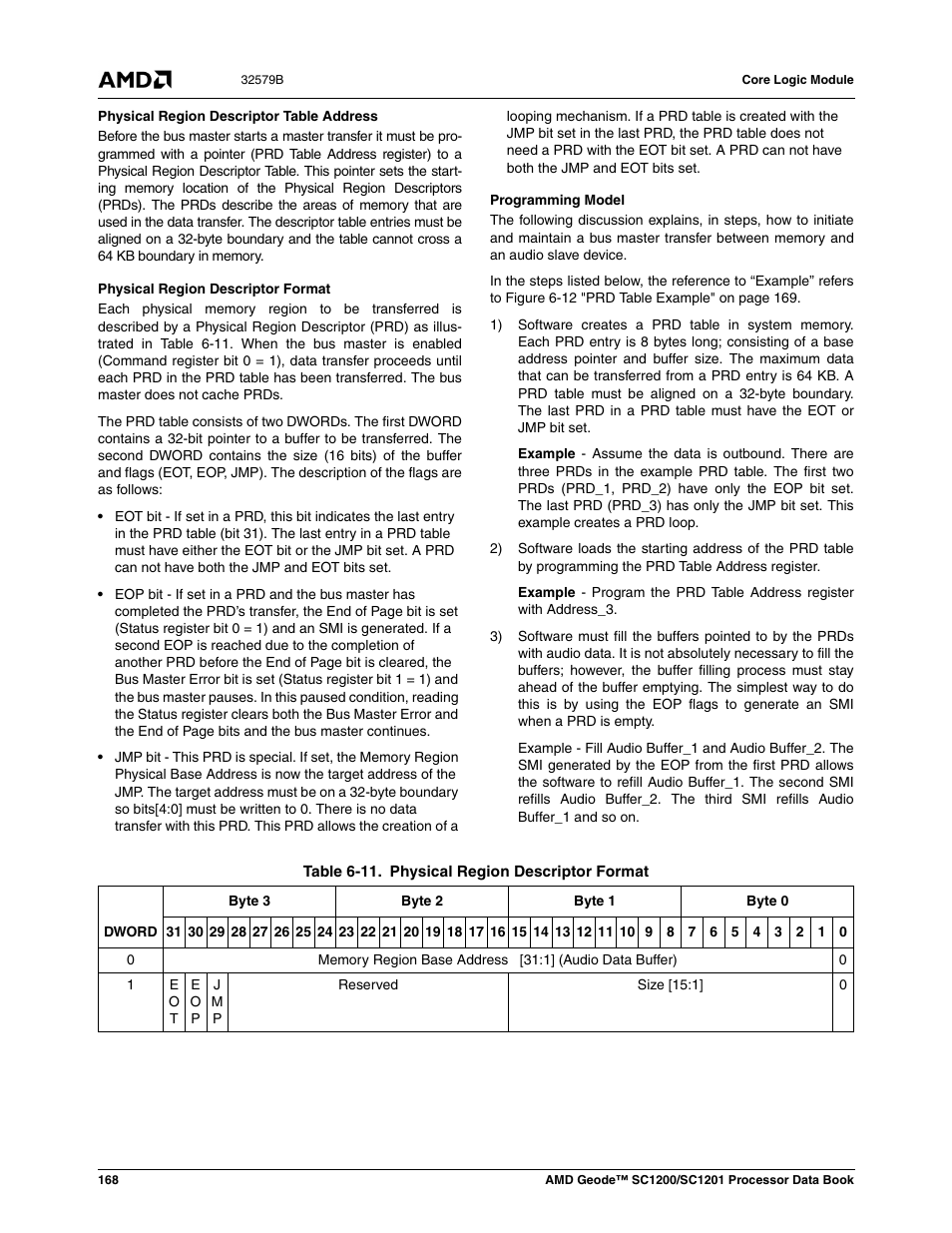 Table 6-11, Physical region descriptor format | AMD Geode SC1201 User Manual | Page 168 / 443