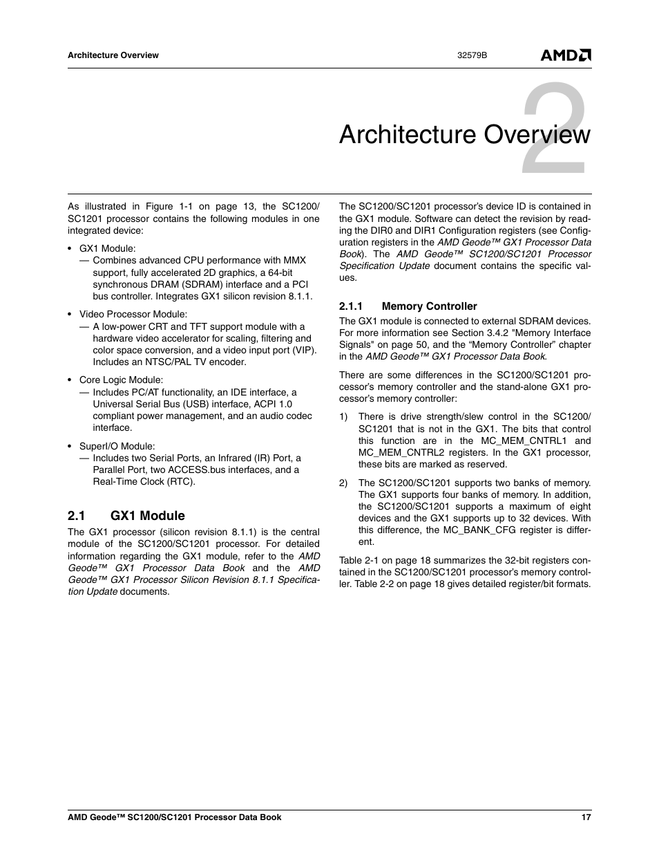 Architecture overview, 1 gx1 module, 1 memory controller | Gx1 module, 0 architecture overview | AMD Geode SC1201 User Manual | Page 17 / 443