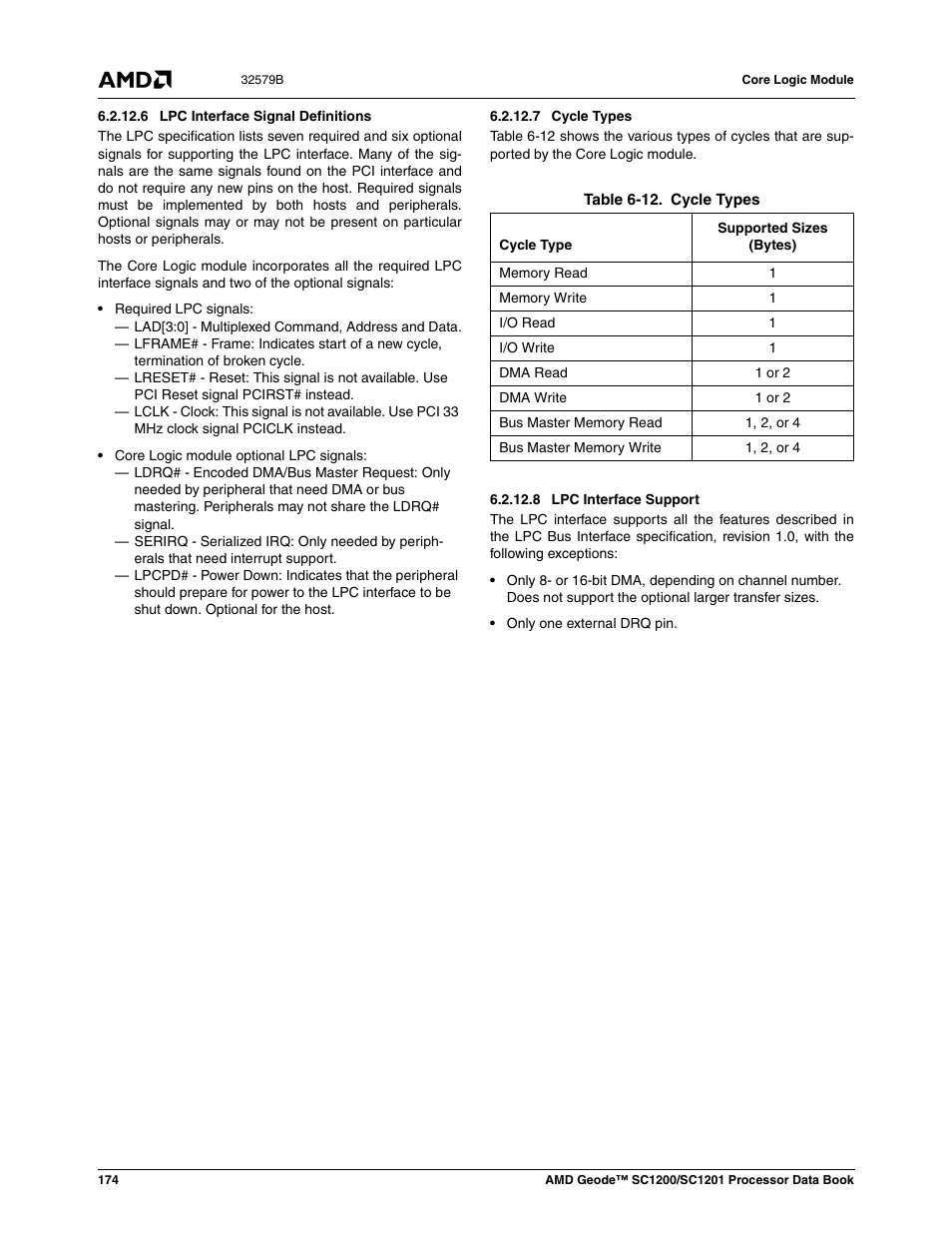 6 lpc interface signal definitions, 7 cycle types, 8 lpc interface support | Table 6-12, Cycle types | AMD Geode SC1201 User Manual | Page 174 / 443