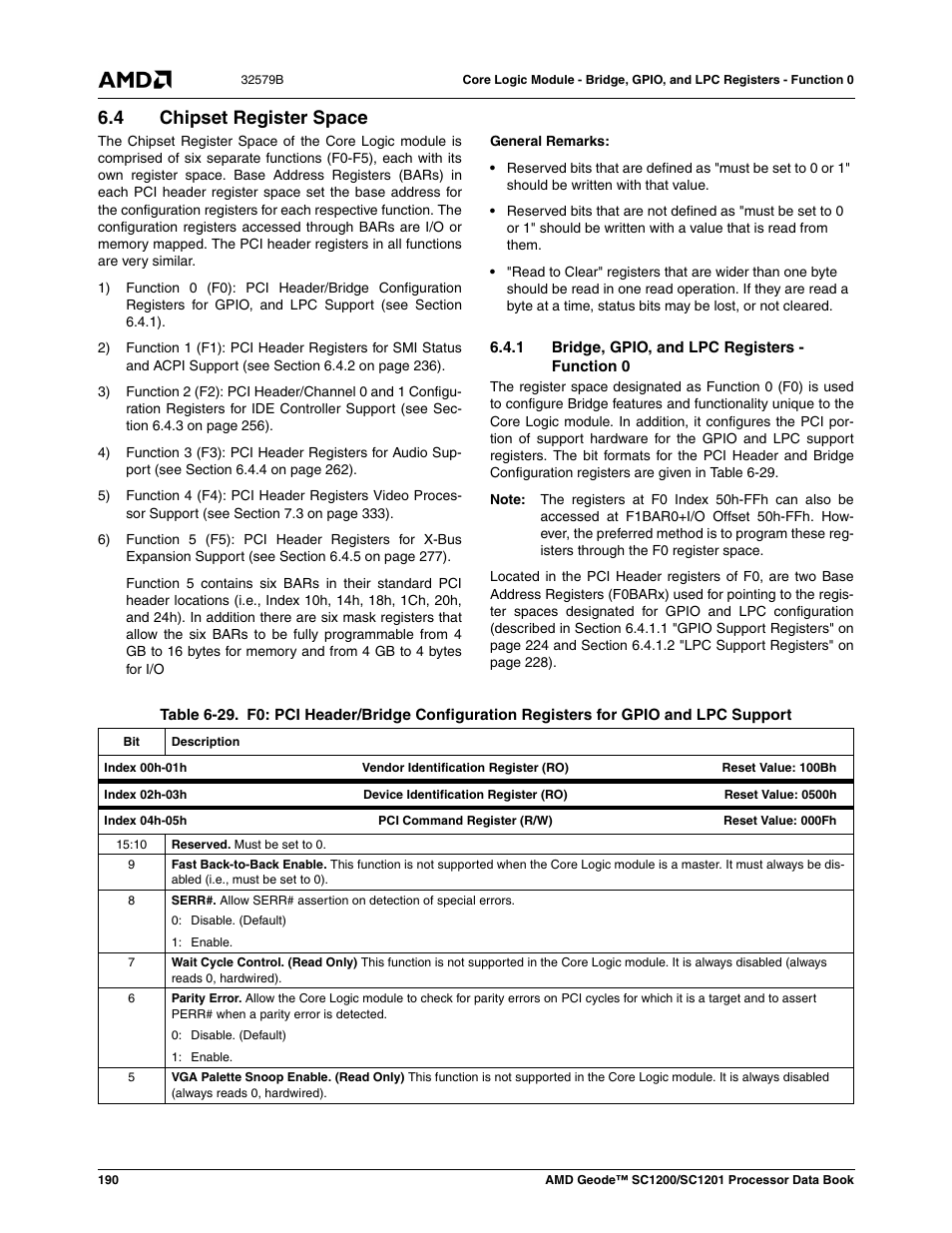 4 chipset register space, 1 bridge, gpio, and lpc registers - function 0, Chipset register space | Table 6-29, Table 6-29) | AMD Geode SC1201 User Manual | Page 190 / 443