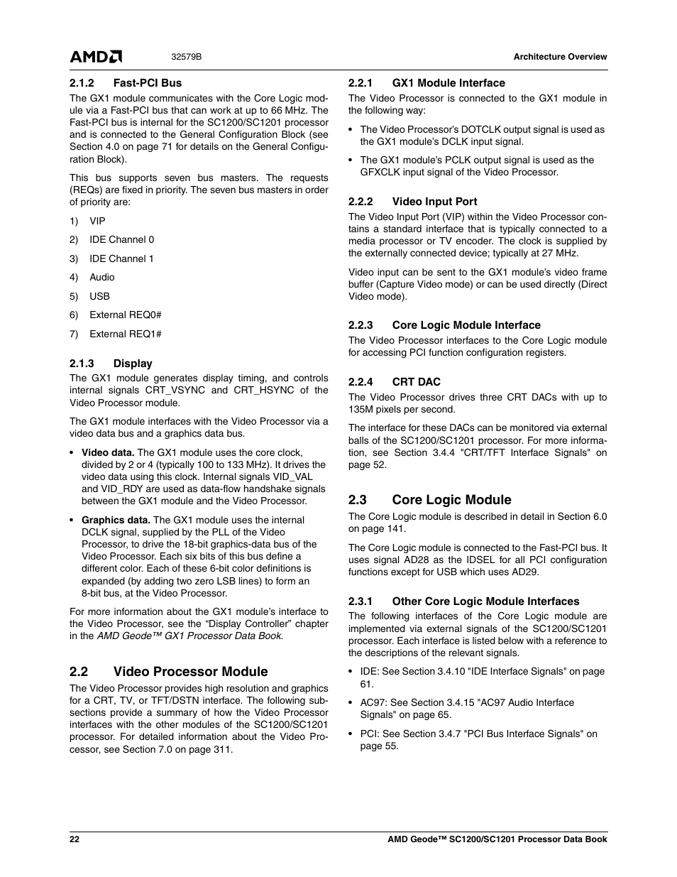 2 fast-pci bus, 3 display, 2 video processor module | 1 gx1 module interface, 2 video input port, 3 core logic module interface, 4 crt dac, 3 core logic module, 1 other core logic module interfaces, Video processor module | AMD Geode SC1201 User Manual | Page 22 / 443