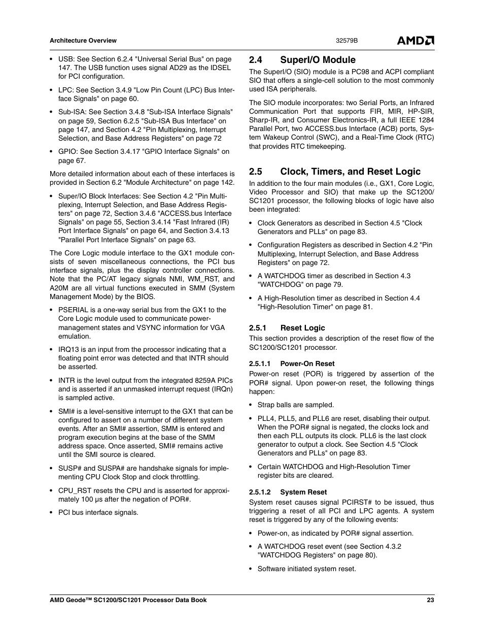 4 superi/o module, 5 clock, timers, and reset logic, 1 reset logic | 1 power-on reset, 2 system reset, Superi/o module, Clock, timers, and reset logic | AMD Geode SC1201 User Manual | Page 23 / 443