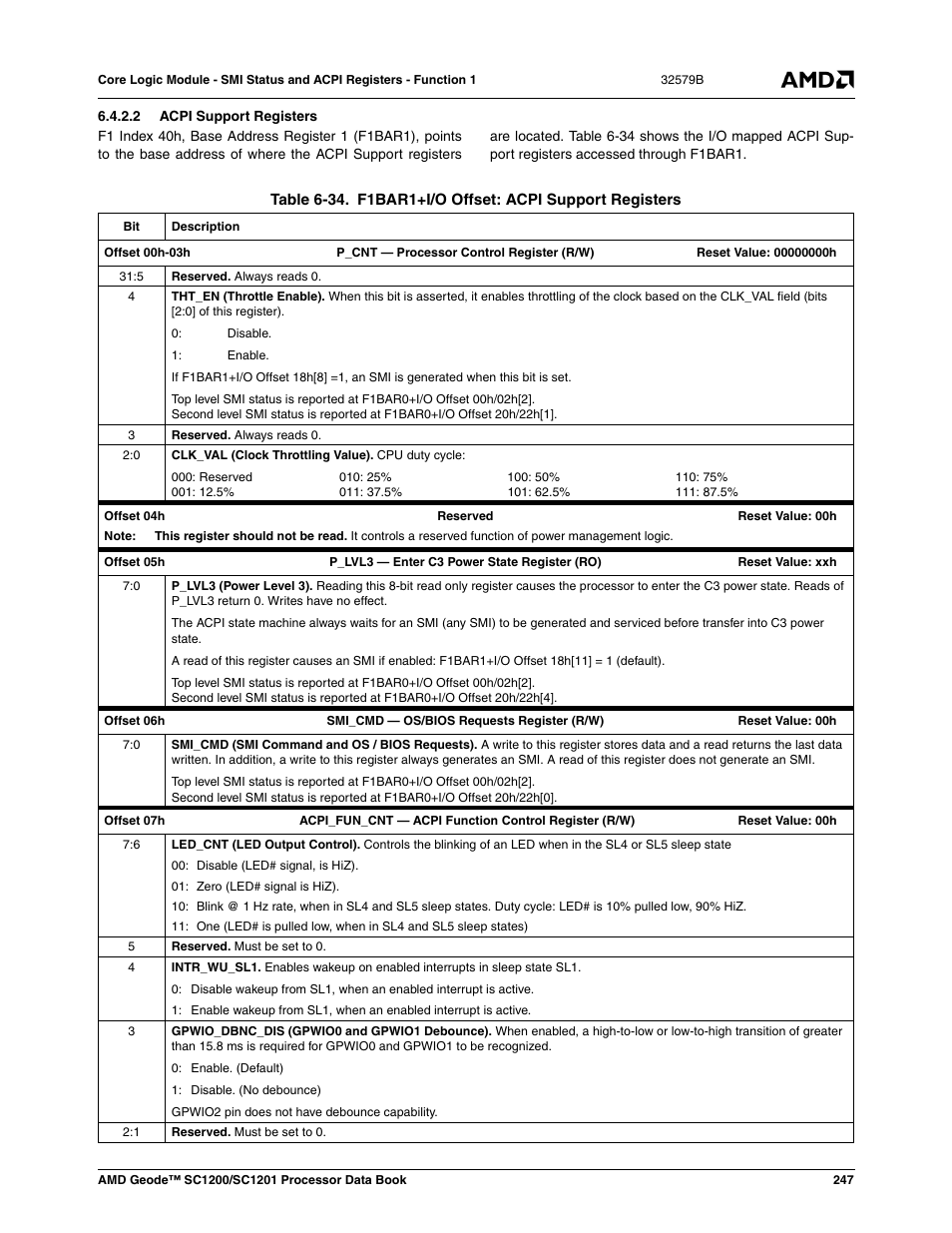 2 acpi support registers, Table 6-34, F1bar1+i/o offset: acpi support registers | Table 6-34) | AMD Geode SC1201 User Manual | Page 247 / 443