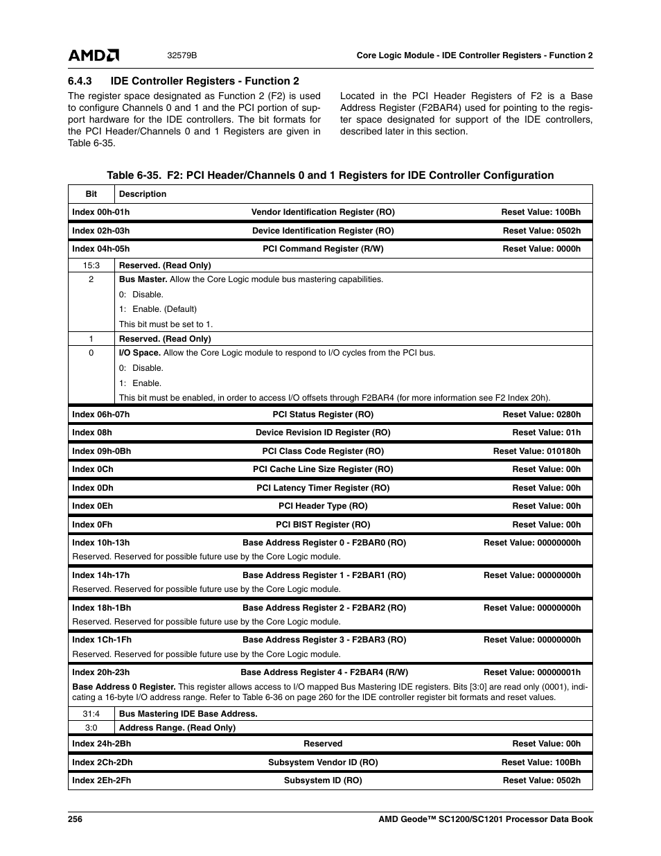 3 ide controller registers - function 2, Table 6-35, Table 6-35) | AMD Geode SC1201 User Manual | Page 256 / 443