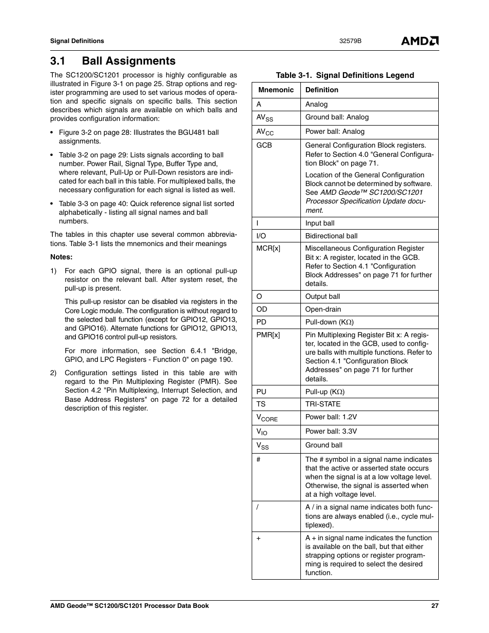 1 ball assignments, Ball assignments, Table 3-1 | Signal definitions legend, Section 3.1 "ball assignments": pro | AMD Geode SC1201 User Manual | Page 27 / 443