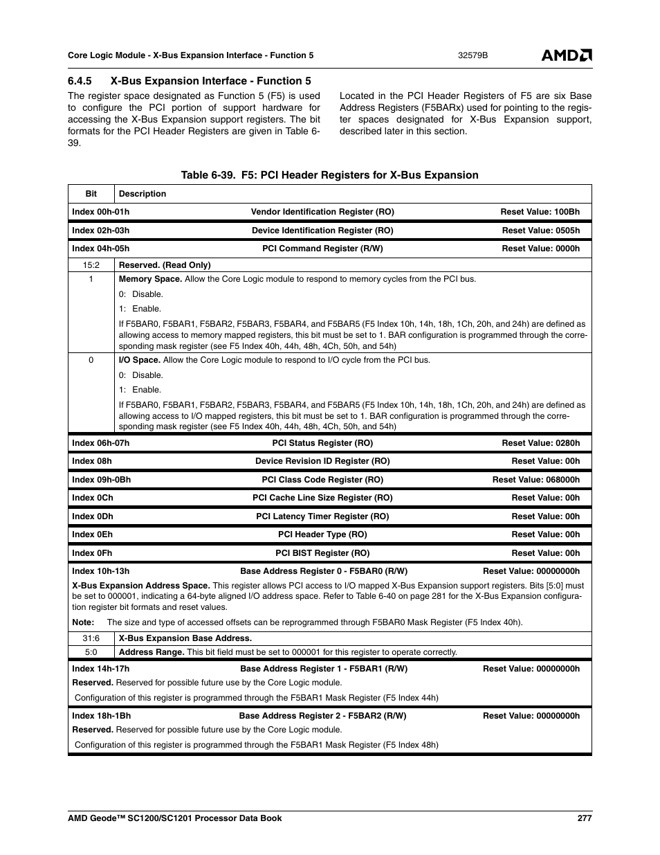 5 x-bus expansion interface - function 5, Table 6-39, F5: pci header registers for x-bus expansion | Table 6-39) | AMD Geode SC1201 User Manual | Page 277 / 443