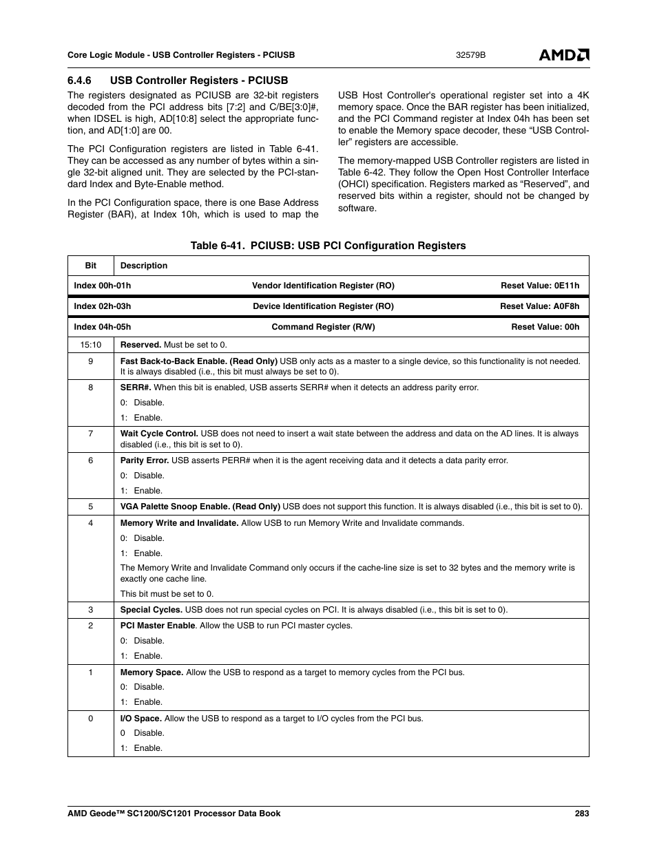 6 usb controller registers - pciusb, Table 6-41, Pciusb: usb pci configuration registers | Table 6-41) | AMD Geode SC1201 User Manual | Page 283 / 443