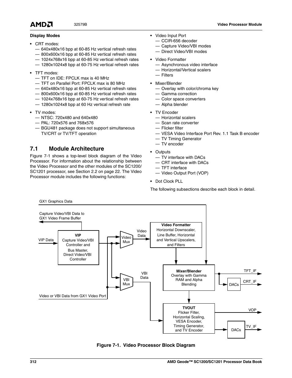 1 module architecture, Module architecture, Figure 7-1 | Video processor block diagram | AMD Geode SC1201 User Manual | Page 312 / 443