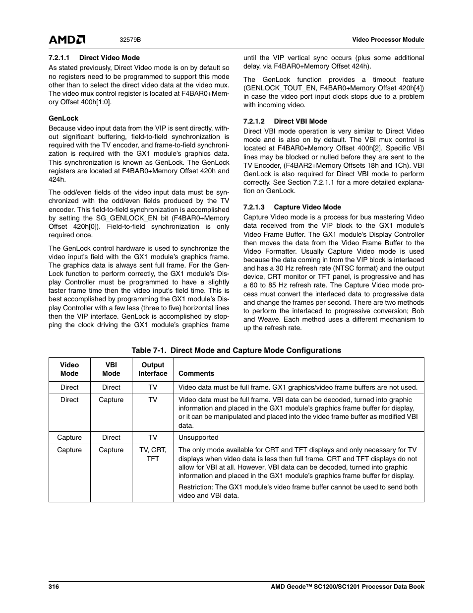 1 direct video mode, 2 direct vbi mode, 3 capture video mode | Table 7-1, Direct mode and capture mode configurations | AMD Geode SC1201 User Manual | Page 316 / 443