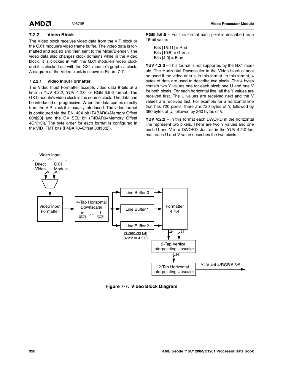 2 video block, 1 video input formatter, Figure 7-7 | Video block diagram | AMD Geode SC1201 User Manual | Page 320 / 443