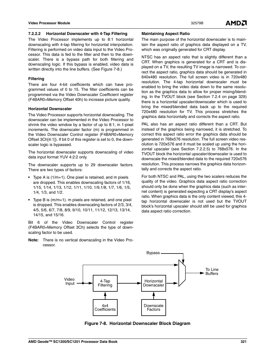 2 horizontal downscaler with 4-tap filtering, Figure 7-8, Horizontal downscaler block diagram | AMD Geode SC1201 User Manual | Page 321 / 443