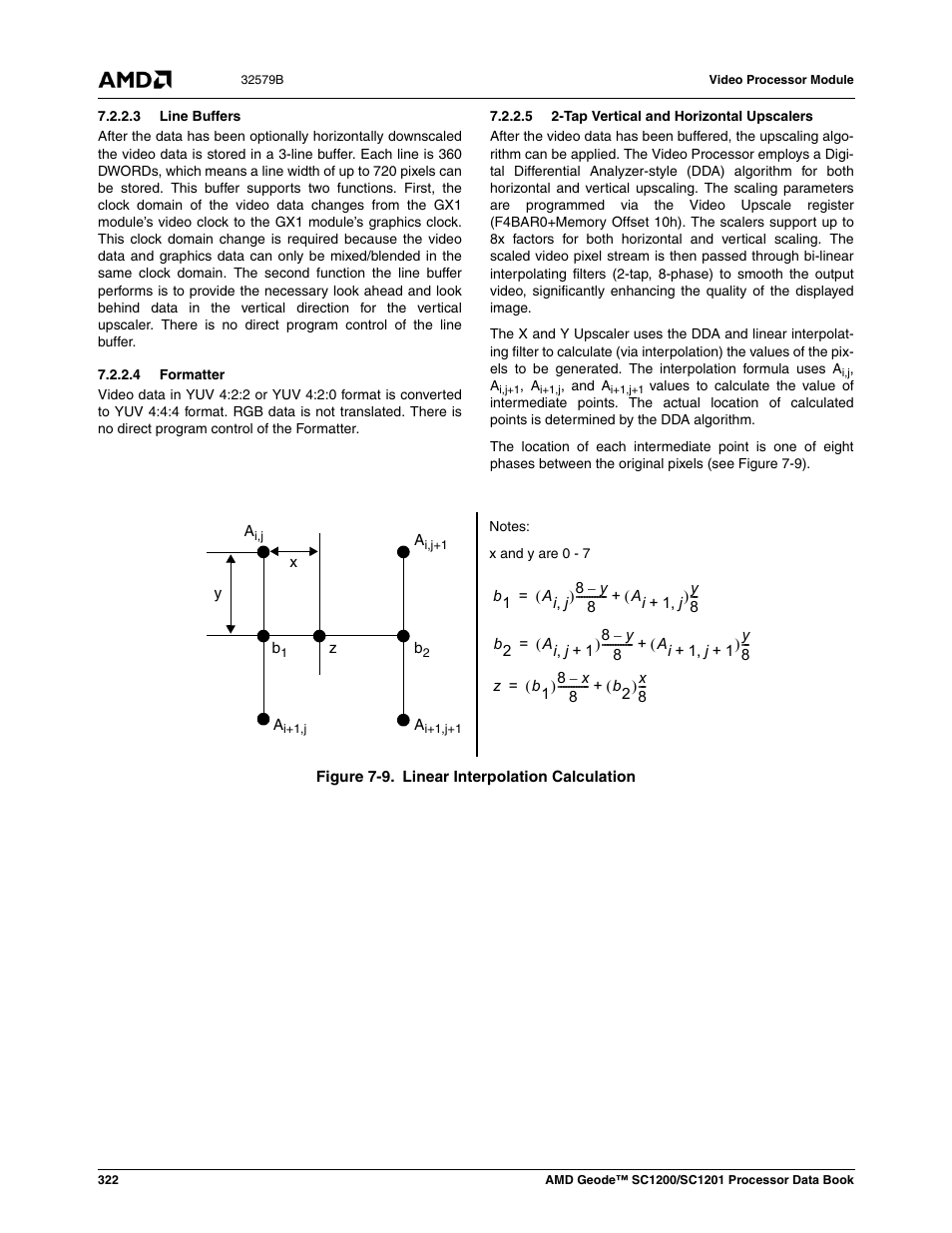 3 line buffers, 4 formatter, 5 2-tap vertical and horizontal upscalers | Figure 7-9, Linear interpolation calculation | AMD Geode SC1201 User Manual | Page 322 / 443