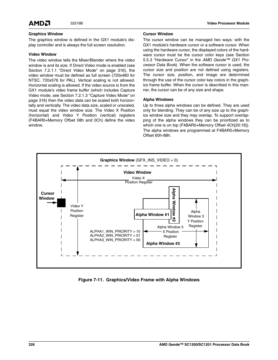 Figure 7-11, Graphics/video frame with alpha windows, Ws”. figure 7- 11illu | AMD Geode SC1201 User Manual | Page 326 / 443