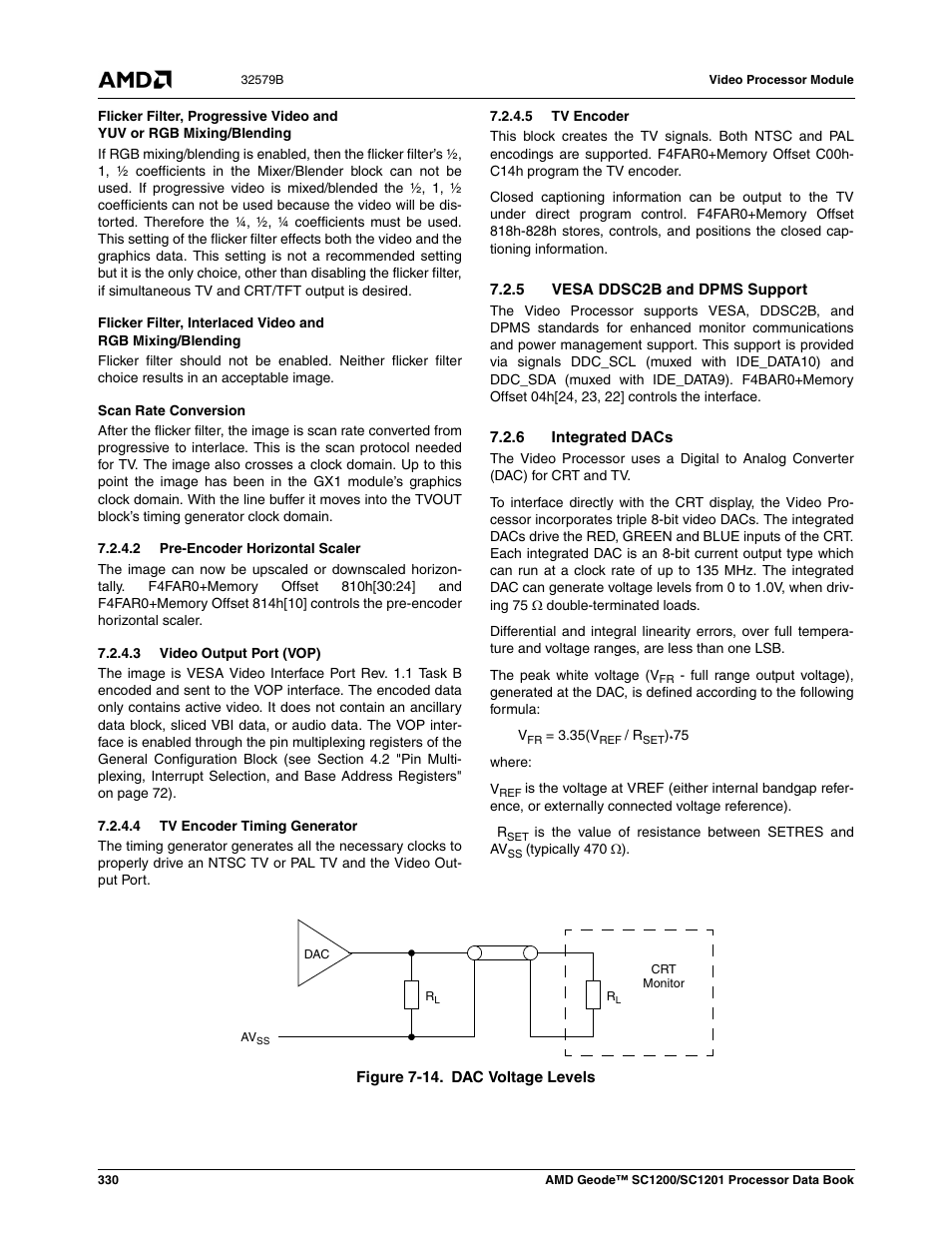 2 pre-encoder horizontal scaler, 3 video output port (vop), 4 tv encoder timing generator | 5 tv encoder, 5 vesa ddsc2b and dpms support, 6 integrated dacs, Figure 7-14, Dac voltage levels | AMD Geode SC1201 User Manual | Page 330 / 443