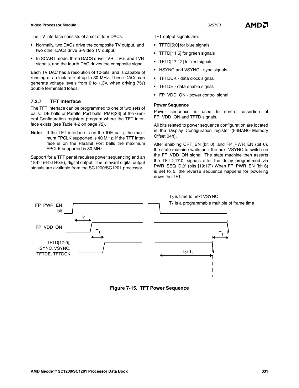 7 tft interface, Figure 7-15, Tft power sequence | AMD Geode SC1201 User Manual | Page 331 / 443