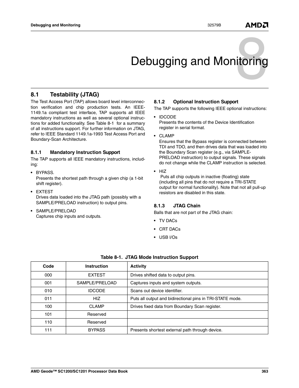 Debugging and monitoring, 1 testability (jtag), 1 mandatory instruction support | 2 optional instruction support, 3 jtag chain, Testability (jtag), Table 8-1, Jtag mode instruction support, 0 debugging and monitoring | AMD Geode SC1201 User Manual | Page 363 / 443