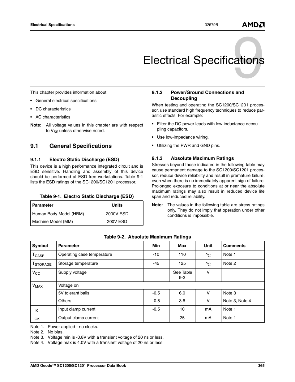 Electrical specifications, 1 general specifications, 1 electro static discharge (esd) | 2 power/ground connections and decoupling, 3 absolute maximum ratings, General specifications, Table 9-1, Electro static discharge (esd), Table 9-2, Absolute maximum ratings | AMD Geode SC1201 User Manual | Page 365 / 443