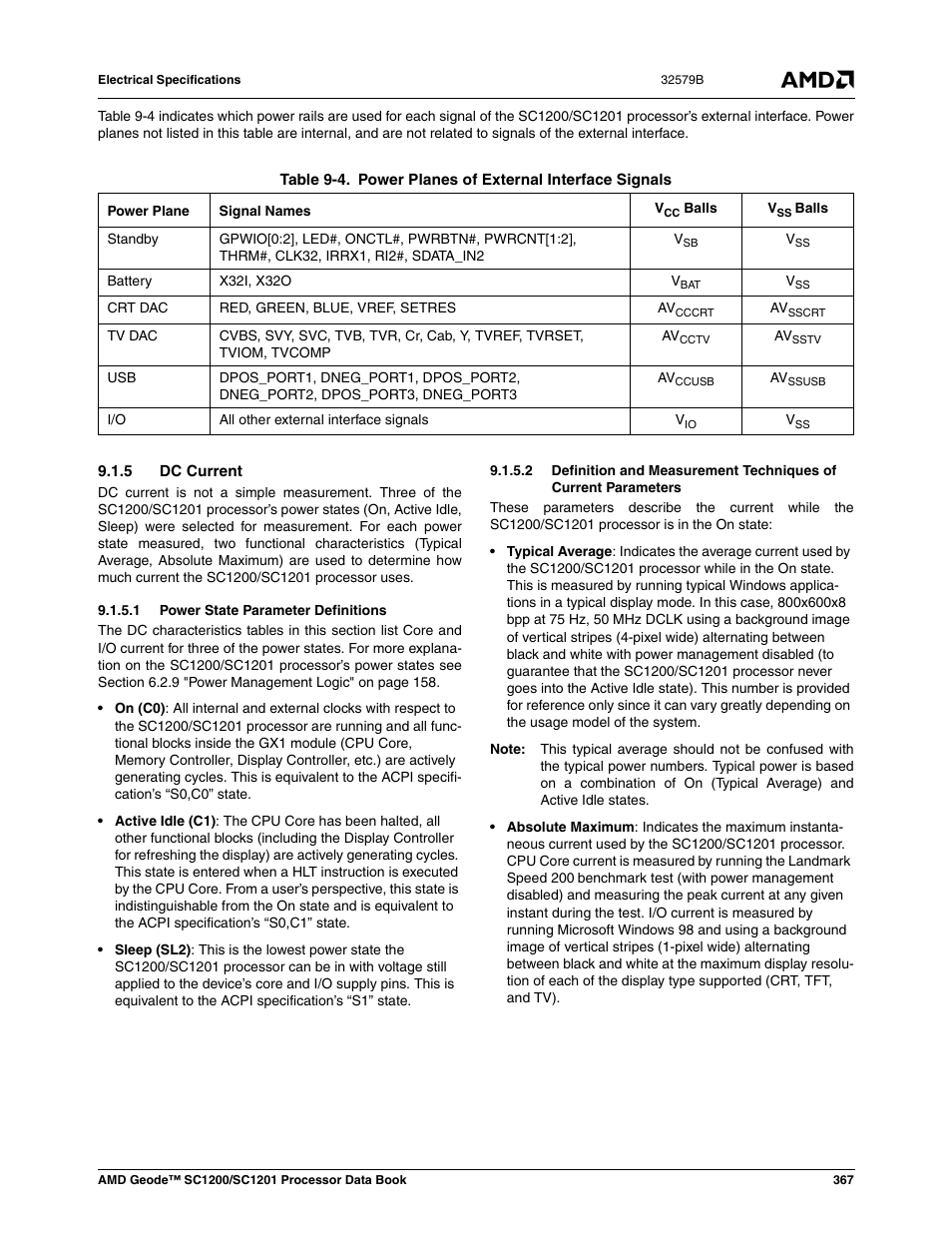 5 dc current, 1 power state parameter definitions, Table 9-4 | Power planes of external interface signals, S (see table 9-4), Table 9-4), 4); cer, Nals (see table 9-4) | AMD Geode SC1201 User Manual | Page 367 / 443