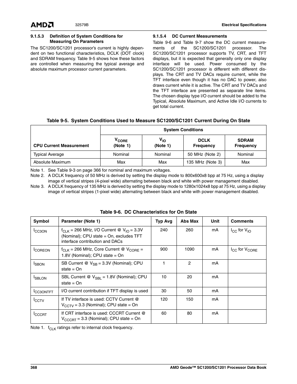 4 dc current measurements, Table 9-5, Table 9-6 | Dc characteristics for on state | AMD Geode SC1201 User Manual | Page 368 / 443