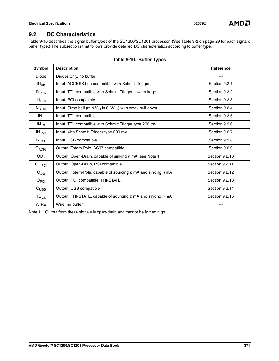 2 dc characteristics, Dc characteristics, Table 9-10 | Buffer types | AMD Geode SC1201 User Manual | Page 371 / 443