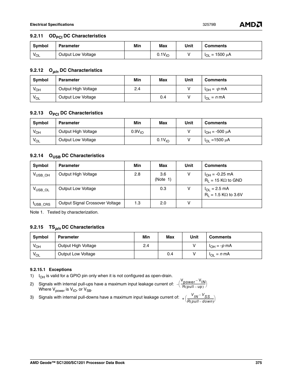 11 odpci dc characteristics, 12 op/n dc characteristics, 13 opci dc characteristics | 14 ousb dc characteristics, 15 tsp/n dc characteristics, 1 exceptions, Section 9.2.11, Section 9.2.12, Section 9.2.13, Section 9.2.14 | AMD Geode SC1201 User Manual | Page 375 / 443