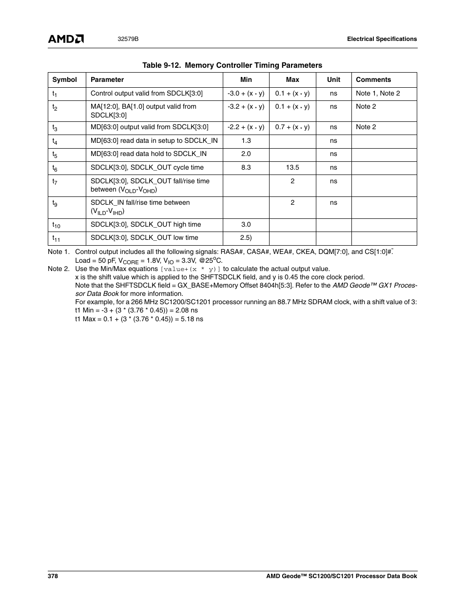 Table 9-12, Memory controller timing parameters | AMD Geode SC1201 User Manual | Page 378 / 443