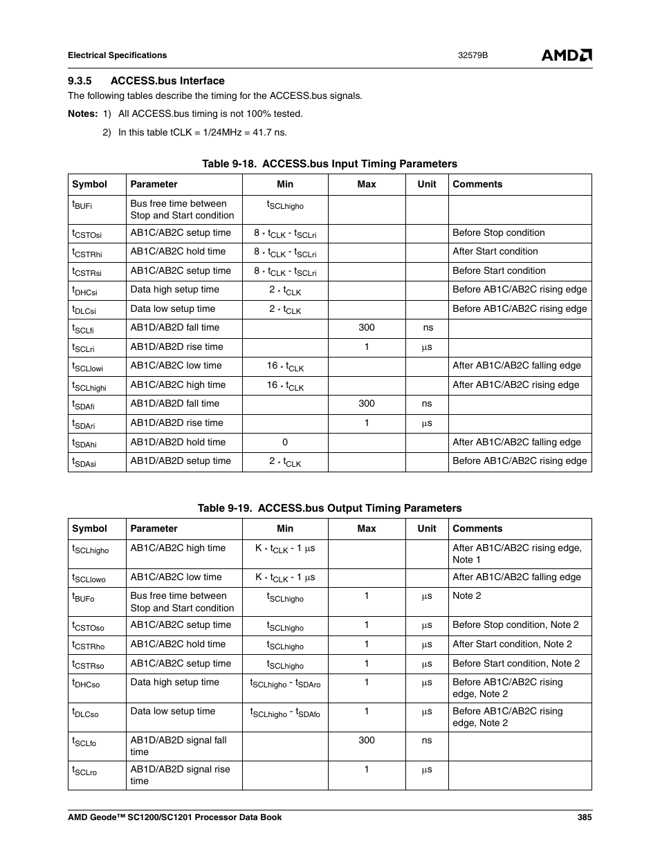 5 access.bus interface, Table 9-18, Access.bus input timing parameters | Table 9-19, Access.bus output timing parameters | AMD Geode SC1201 User Manual | Page 385 / 443