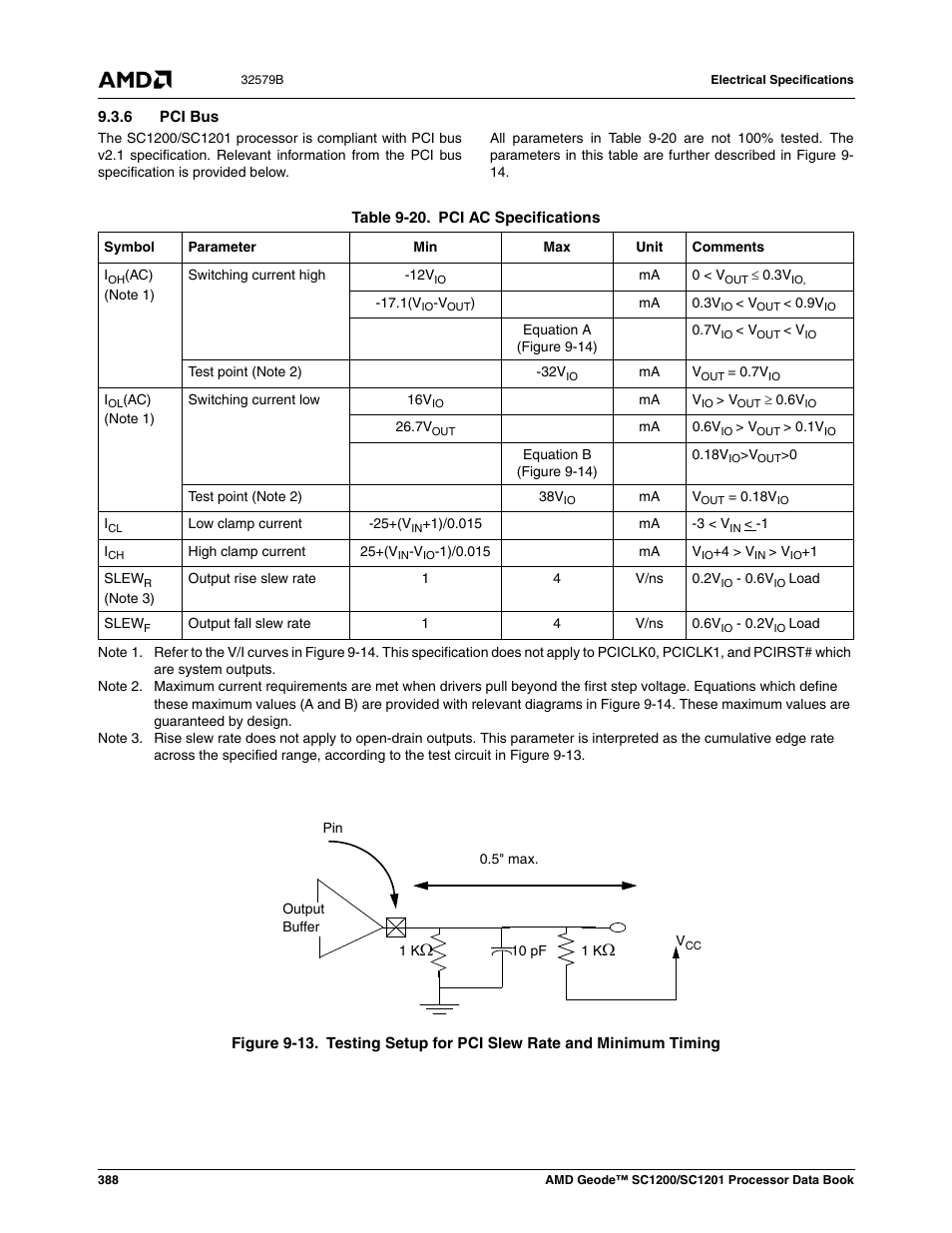 6 pci bus, Figure 9-13, Testing setup for pci slew rate and minimum timing | Table 9-20, Pci ac specifications | AMD Geode SC1201 User Manual | Page 388 / 443