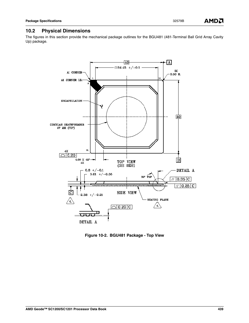 2 physical dimensions, Physical dimensions, Figure 10-2 | Bgu481 package - top view | AMD Geode SC1201 User Manual | Page 439 / 443