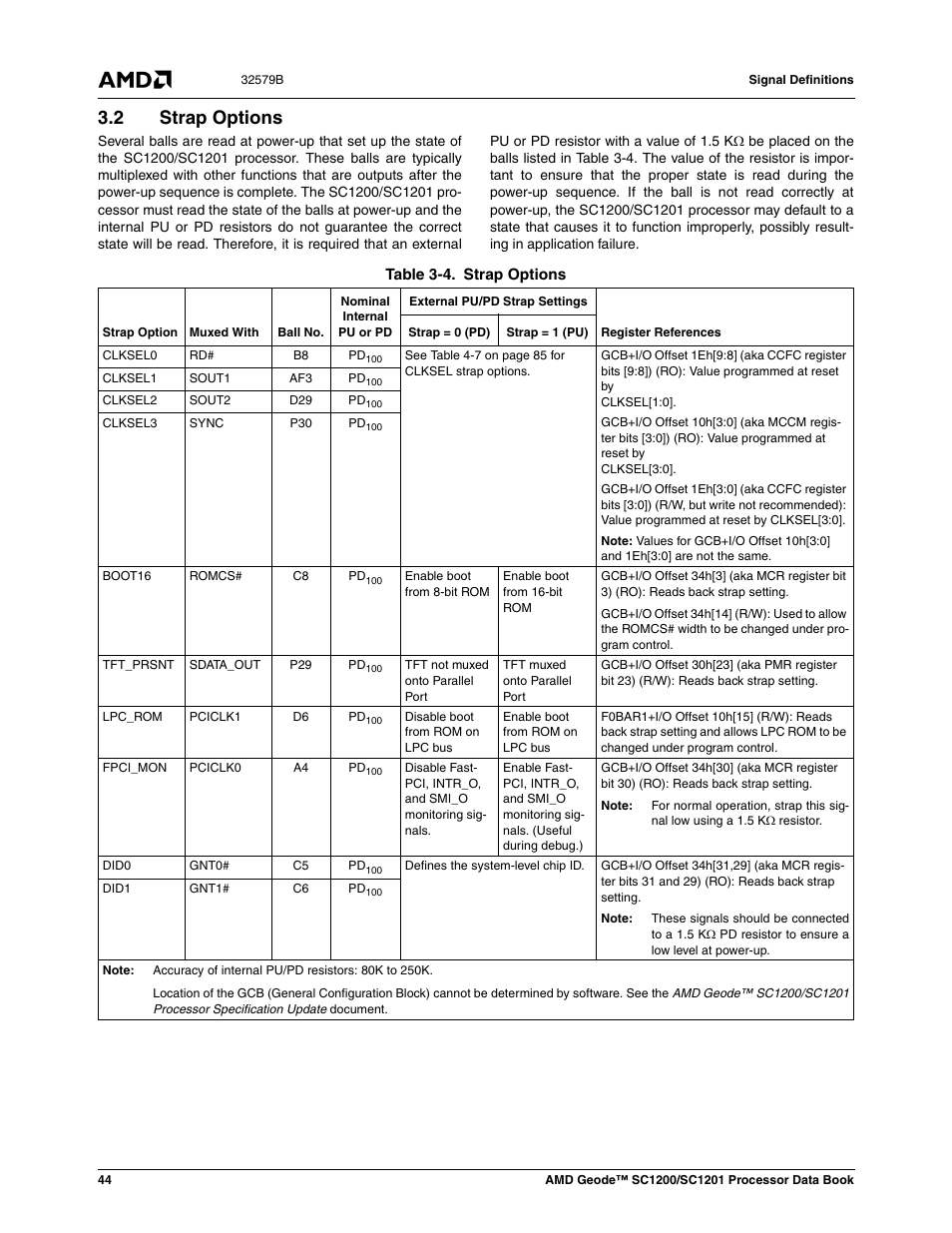 2 strap options, Strap options, Table 3-4 | Section 3.2 "strap options": se | AMD Geode SC1201 User Manual | Page 44 / 443