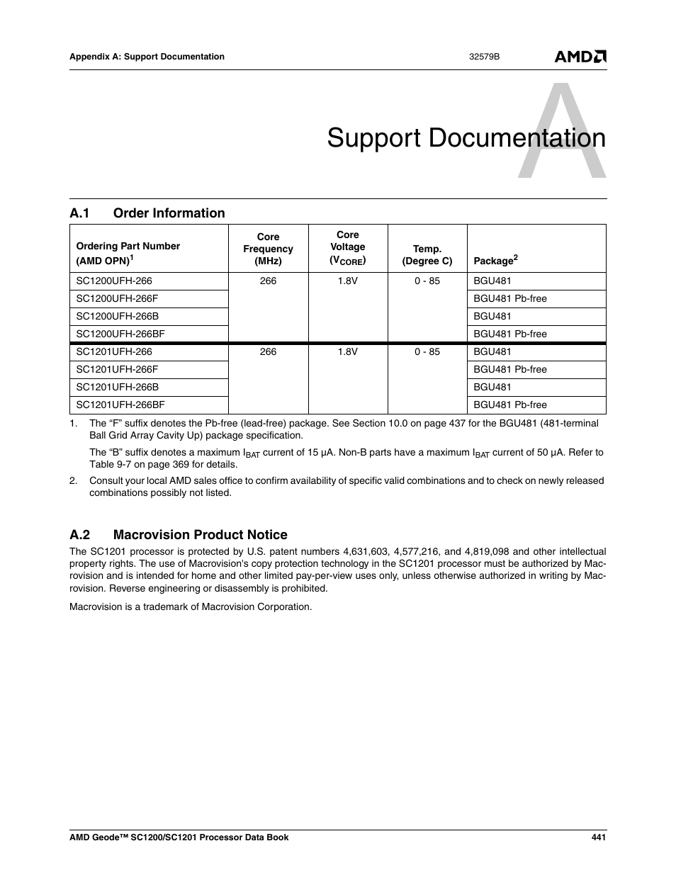 Support documentation, A.1 order information, A.2 macrovision product notice | Appendix a, Order information, Macrovision product notice, Appendix a support documentation | AMD Geode SC1201 User Manual | Page 441 / 443