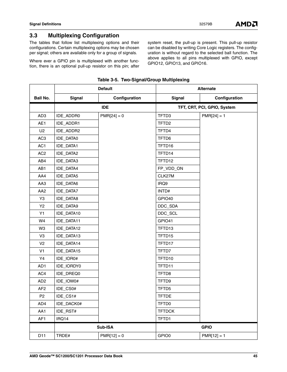 3 multiplexing configuration, Multiplexing configuration, Table 3-5 | Two-signal/group multiplexing, Section 3.3 "multiplexing configuration | AMD Geode SC1201 User Manual | Page 45 / 443