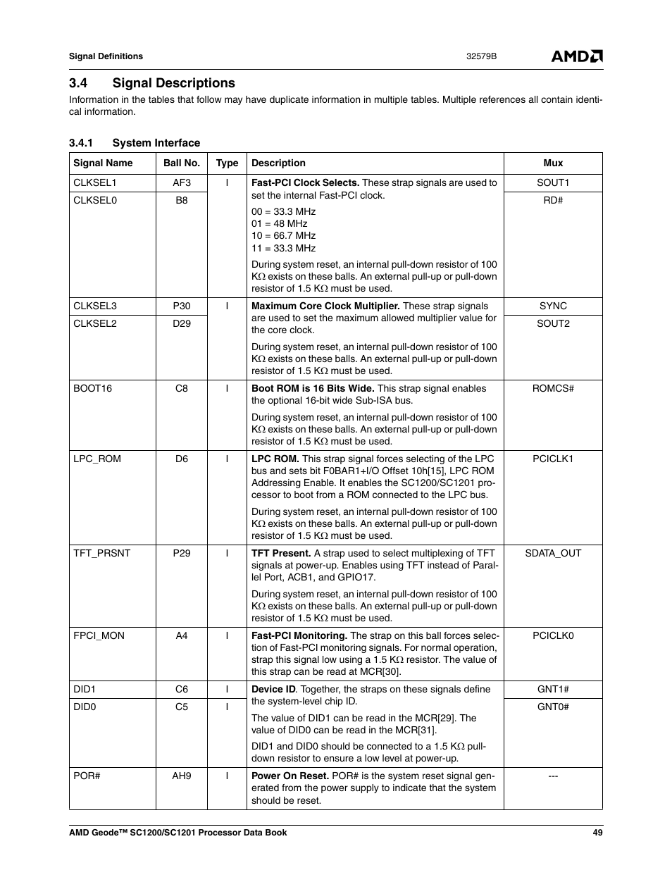 4 signal descriptions, 1 system interface, Signal descriptions | Section 3.4 "signal descriptions | AMD Geode SC1201 User Manual | Page 49 / 443