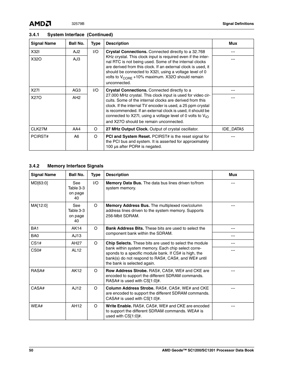 2 memory interface signals | AMD Geode SC1201 User Manual | Page 50 / 443