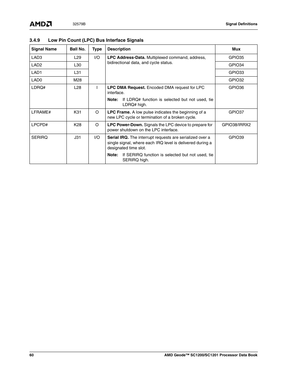 9 low pin count (lpc) bus interface signals, E section 3.4.9 "low pin count (lpc) bus inter | AMD Geode SC1201 User Manual | Page 60 / 443