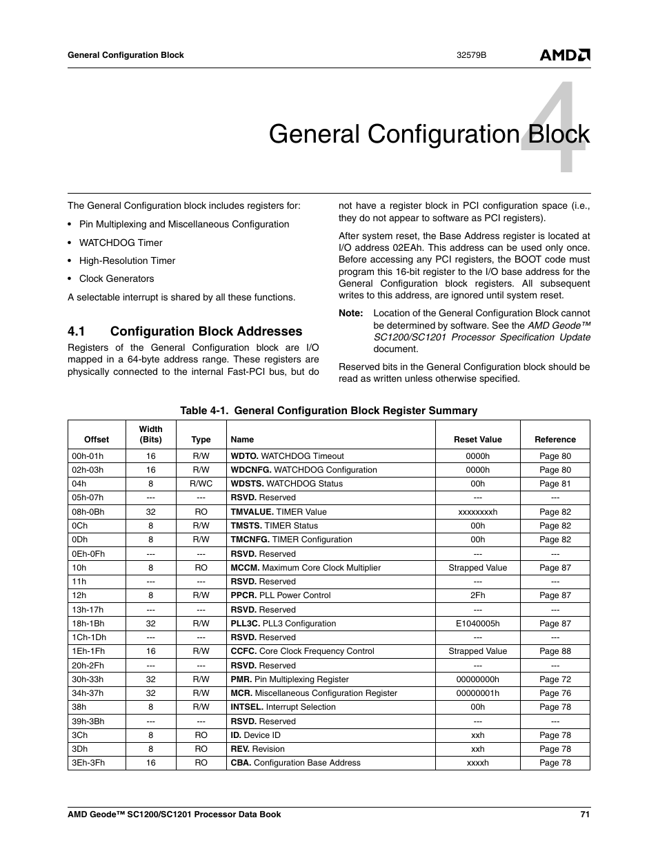 General configuration block, 1 configuration block addresses, Configuration block addresses | Table 4-1, General configuration block register summary, 0 general configuration block | AMD Geode SC1201 User Manual | Page 71 / 443