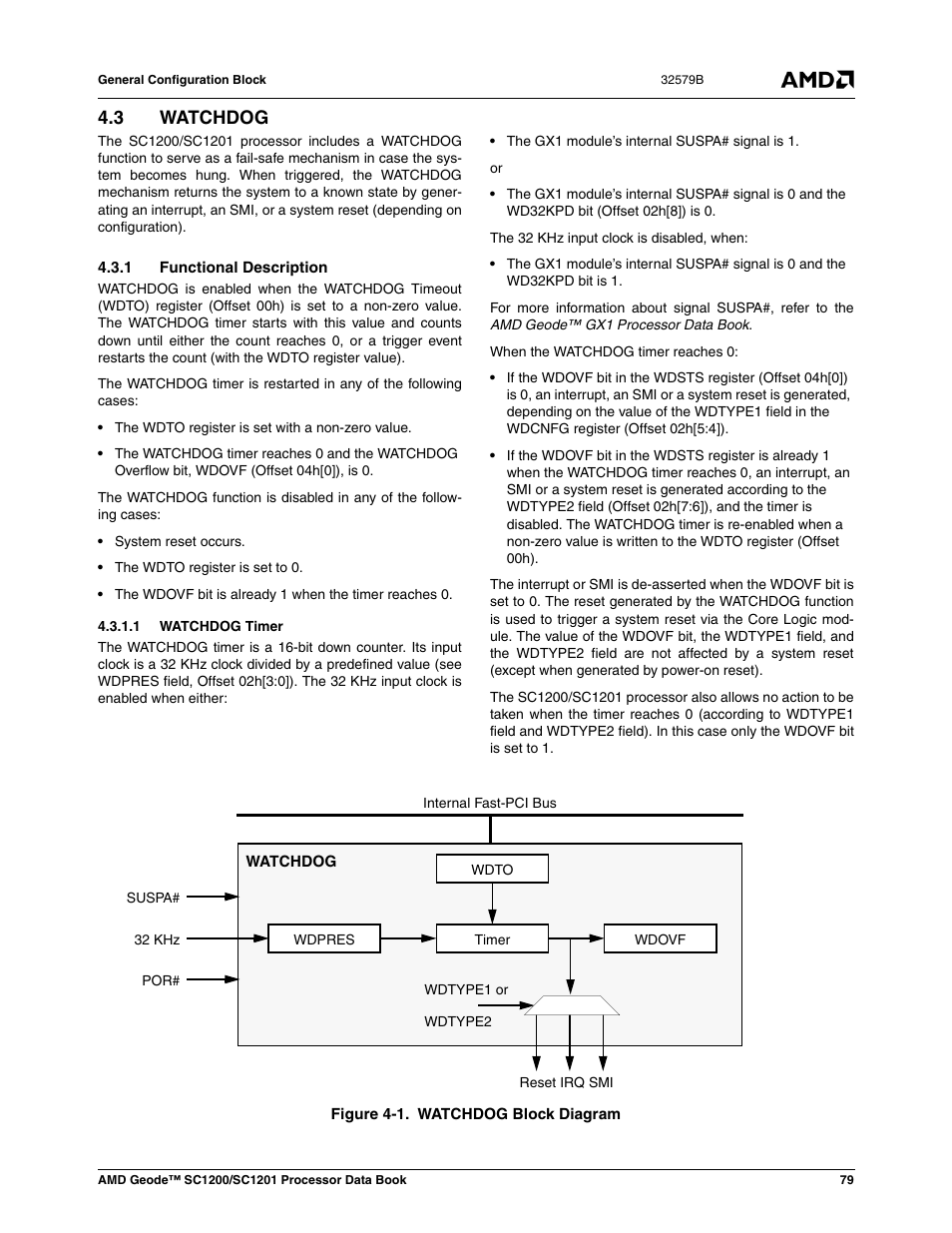 3 watchdog, 1 functional description, 1 watchdog timer | Watchdog, Figure 4-1, Watchdog block diagram, In section 4.3 | AMD Geode SC1201 User Manual | Page 79 / 443