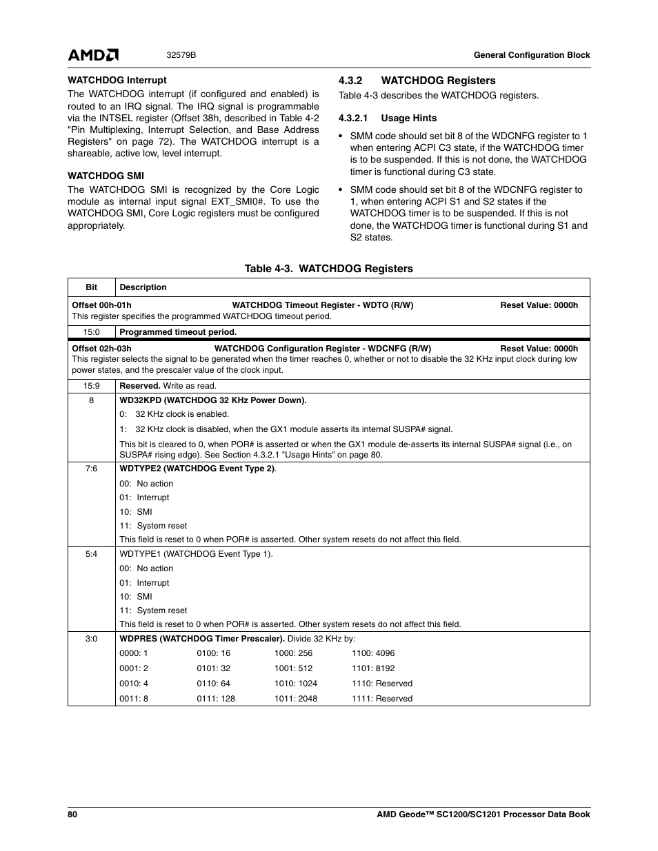 2 watchdog registers, 1 usage hints, Table 4-3 | Watchdog registers, Section 4.3.2 | AMD Geode SC1201 User Manual | Page 80 / 443