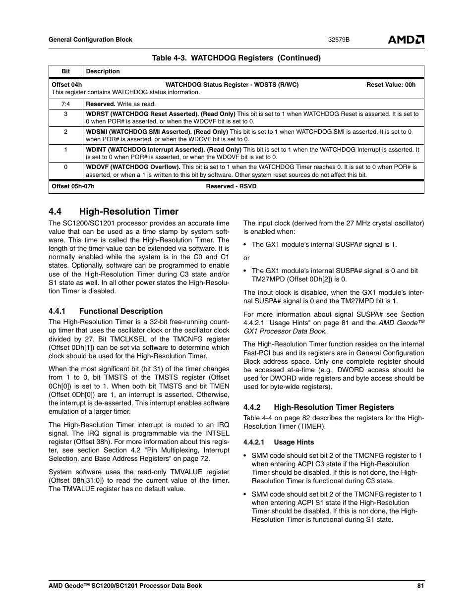 4 high-resolution timer, 1 functional description, 2 high-resolution timer registers | 1 usage hints, High-resolution timer, Section 4.4 | AMD Geode SC1201 User Manual | Page 81 / 443