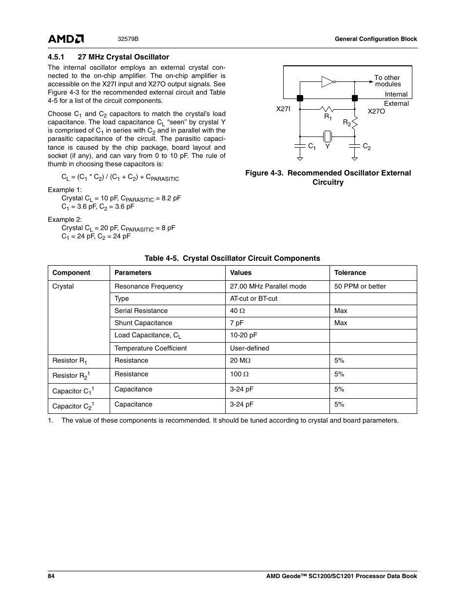 1 27 mhz crystal oscillator, Figure 4-3, Recommended oscillator external circuitry | Table 4-5, Crystal oscillator circuit components | AMD Geode SC1201 User Manual | Page 84 / 443