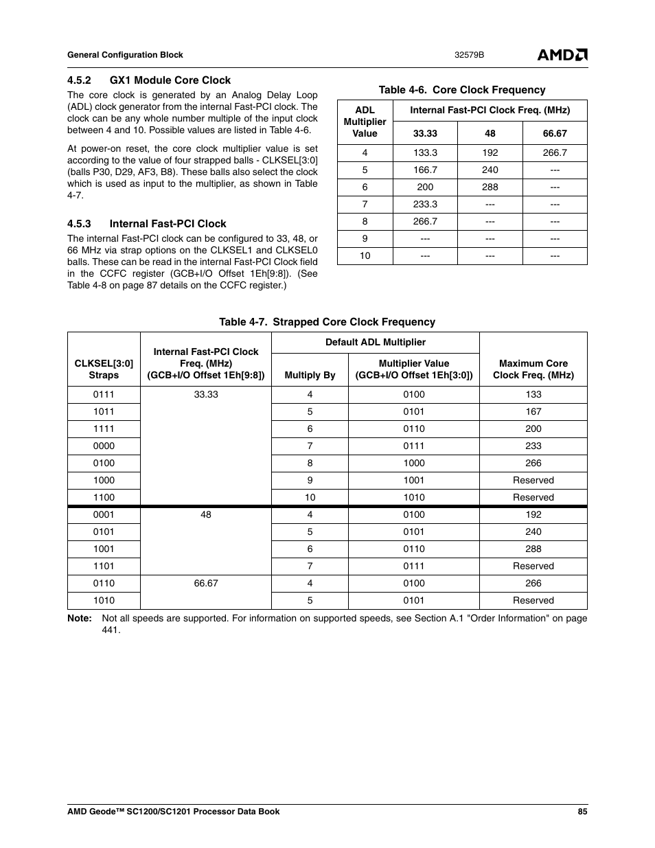 2 gx1 module core clock, 3 internal fast-pci clock, Table 4-6 | Core clock frequency, Table 4-7, Strapped core clock frequency | AMD Geode SC1201 User Manual | Page 85 / 443